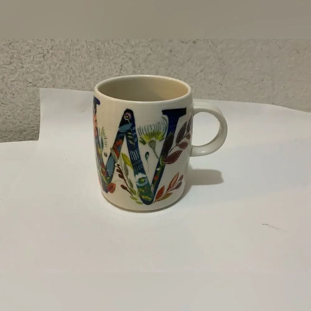Anthropologie Starla E Halfmann Monogram Letter W Coffee Mug Cup Floral Colorful
